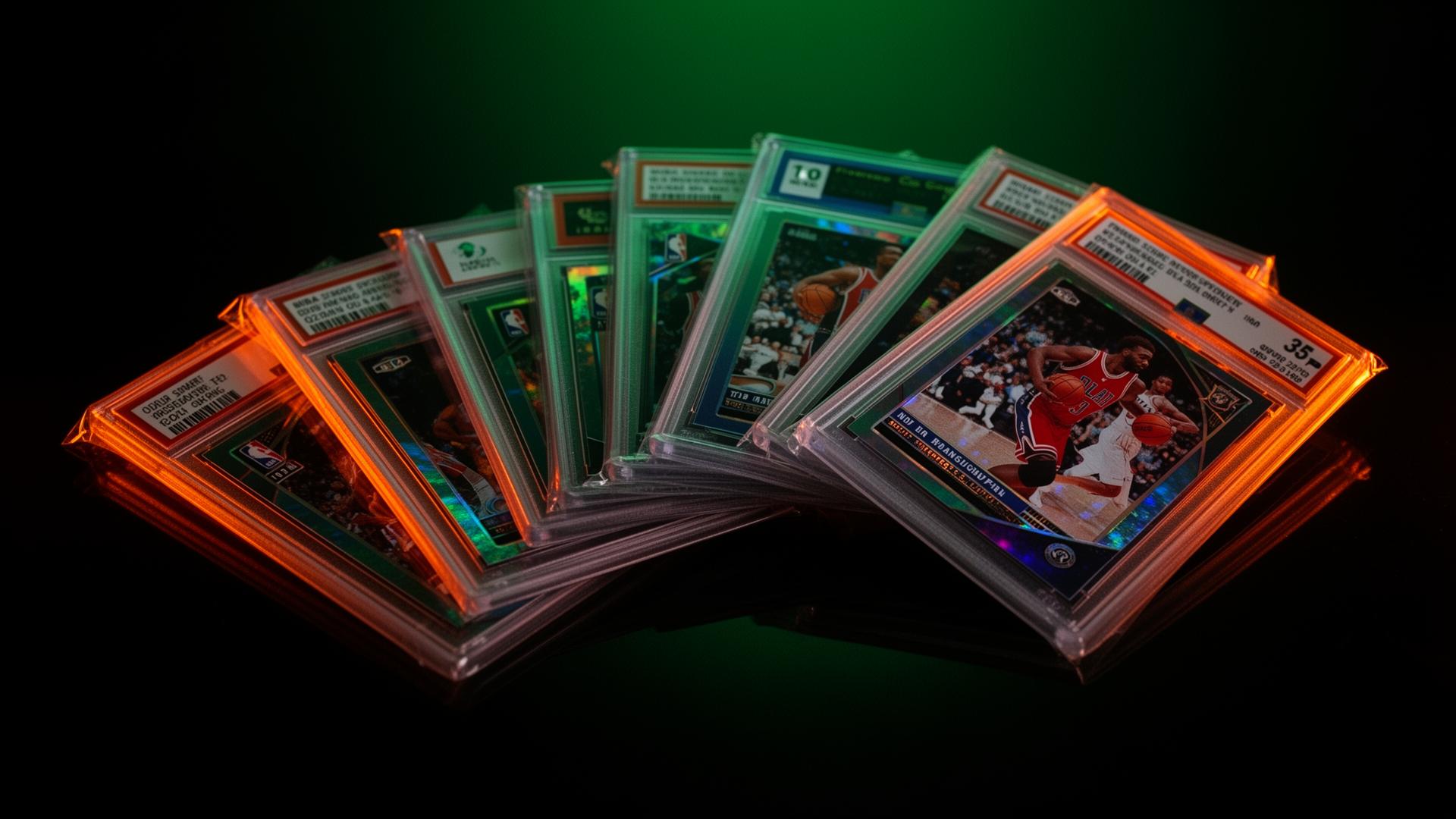 NBA graded trading cards fanned out under dramatic light